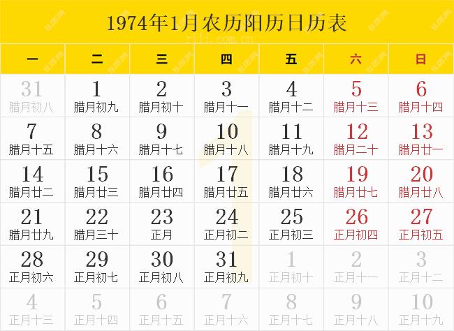 74年日历带农历表
