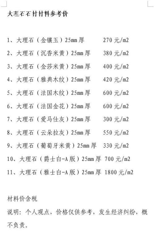 石材价格表及图片大全