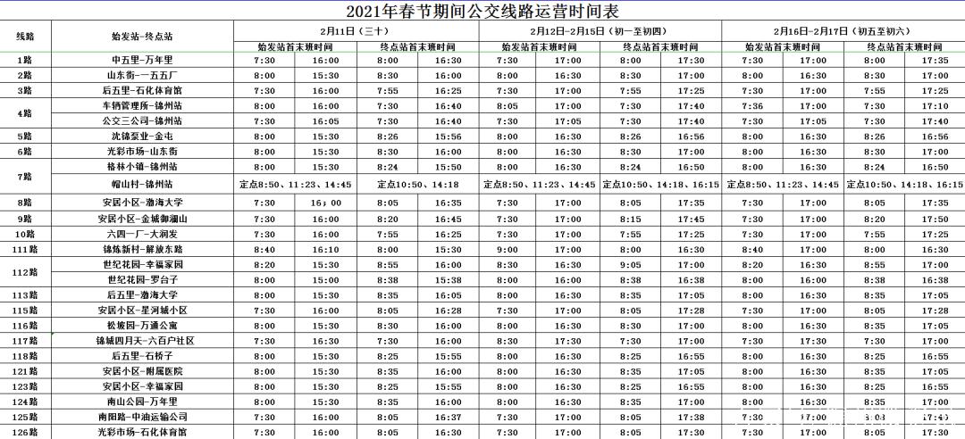 锦州公交时刻表